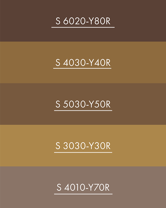 Nyanserna i gruppen Brunt: S 6020-Y80R, S 4030-Y40R, S 5030-Y50R, S 3030-Y30R och S 4010-Y70R
