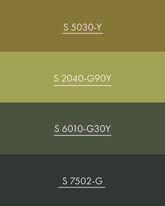 Nyanserna i gruppen Grönt: S 5030-Y, S 2040-G90Y, S 6010-G30Y och S 7502-G