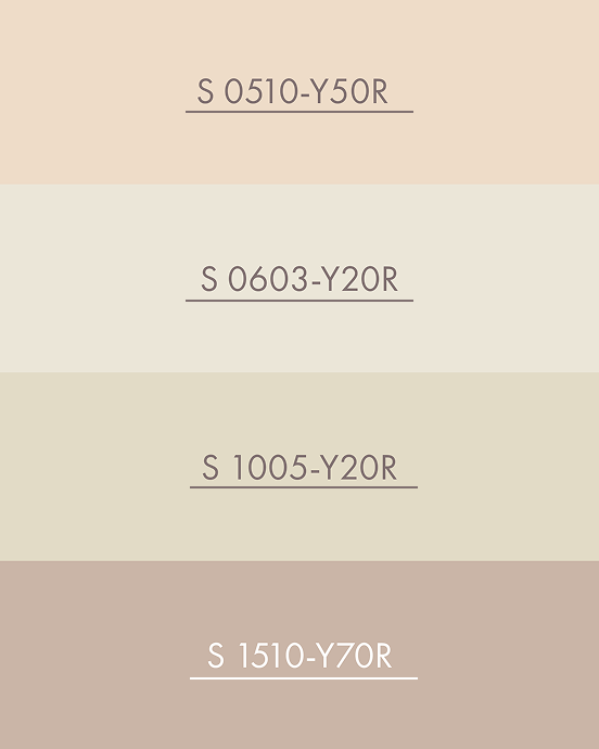 Nyanserna i gruppen Ljusa toner: S 0510-Y50R, S 0603-Y20R, S 1005-Y20R och S 1510-Y70R