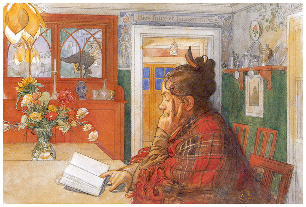 Ett målat portträtt av Karin som sitter och läser vid köksbordet. Målad av Carl larsson.