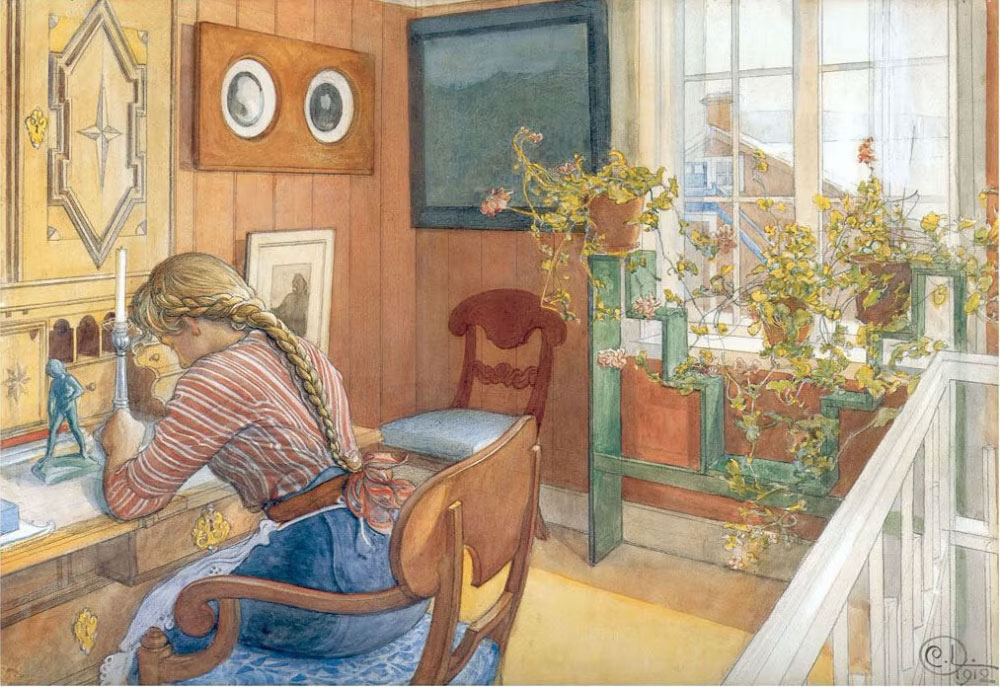 Målning föreställande Karin Larssons skrivhörna med pelargonhylla i bakgrunden.